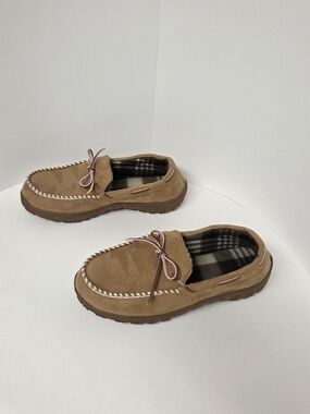 Men's Suede-Look Slip-On Moccasins in Tan with Plaid Lining. Size 10 #0252